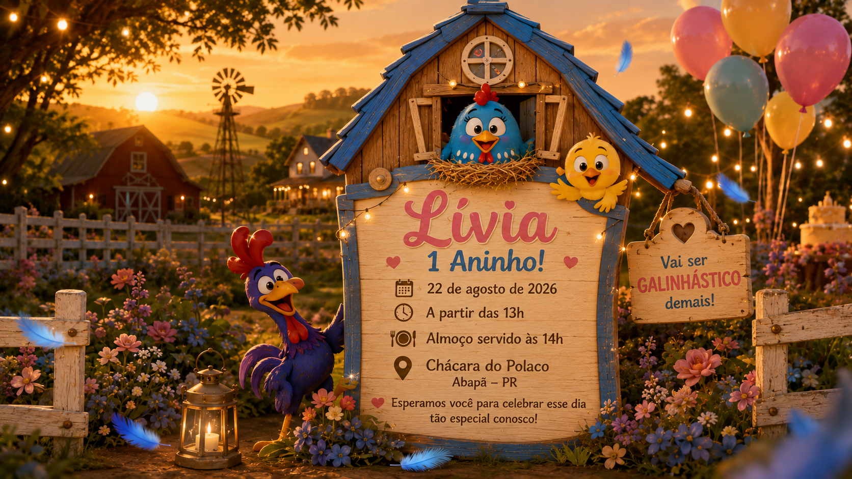 Convite da Lívia com tema Galinha Pintadinha em uma fazendinha ao pôr do sol